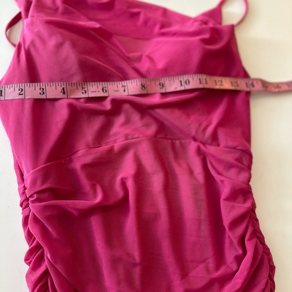 Hello Molly Hot Pink Adjustable Spaghetti Strap Mesh Overlay Ruched Mini Dress 8 - Picture 13 of 15